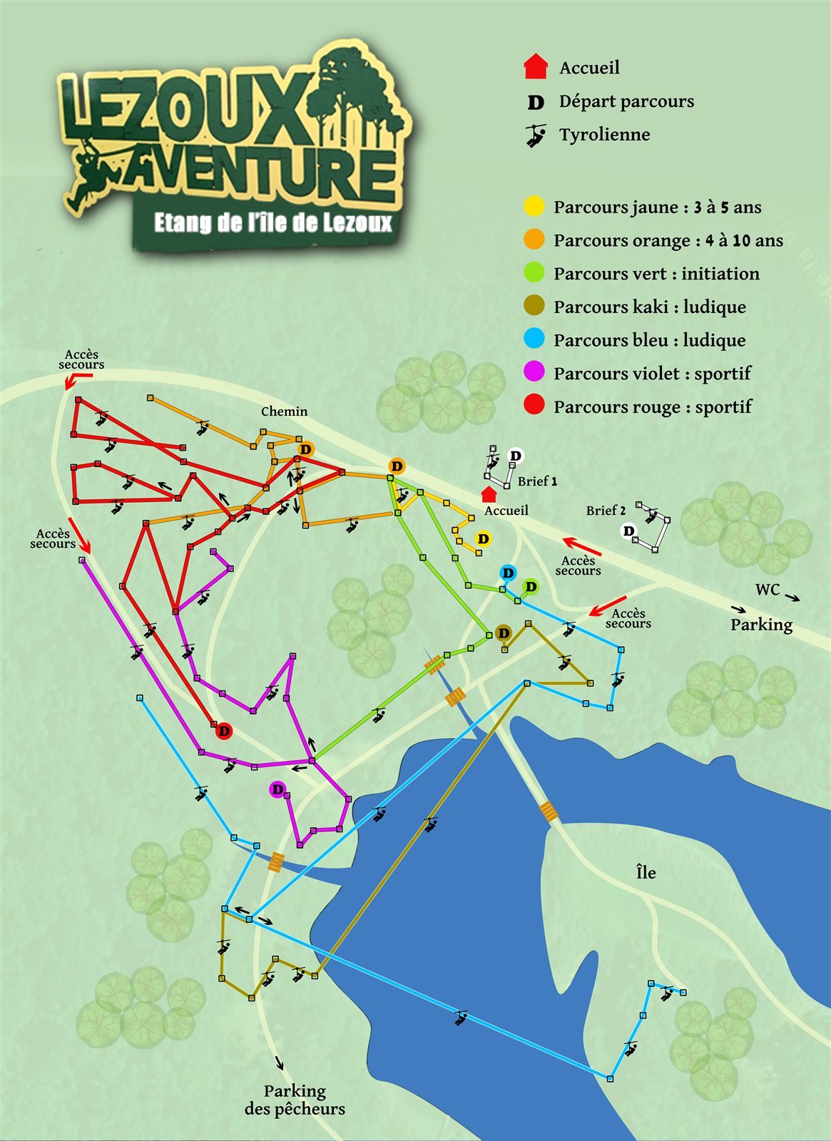 Plan du parc Lezoux Aventure avec les 7 parcours colorés, points de départ et tyroliennes